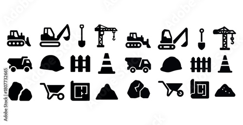 Construction icons set: excavators cranes trucks cones and tools
