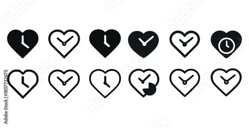 Heart-shaped clock icons in various styles and designs