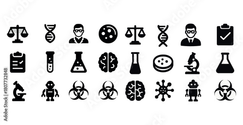 Science and technology icons: microscope, dna, robotics, biohazard