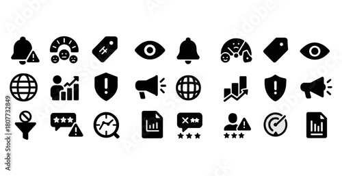 Black icon set: bell, eye, tag, globe, graph, shield, megaphone, ratings, chart, document