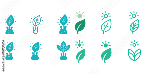 Eco-friendly icons: leaves, test tubes, sun symbols in blue and green