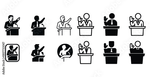 Black and white icons of people giving speeches at podiums