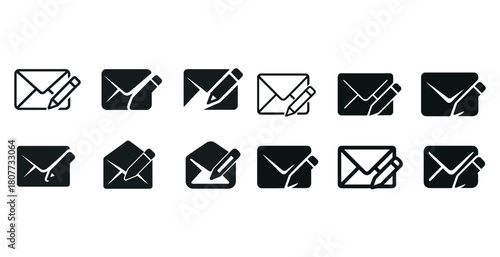 Email icon set: pencil, envelope variations in black silhouette design