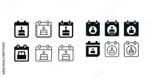 Event planner icons: calendars with cake and user symbols in black and white