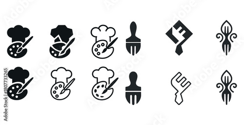 Chef and painter icons with abstract elements in black and white design