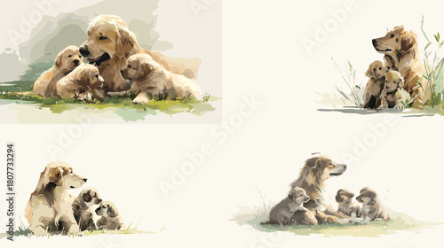 Soft watercolor illustration of a mother dog with her puppies resting together in a gentle nature setting. Warm tones highlight affection, family bond, and peaceful companionship.