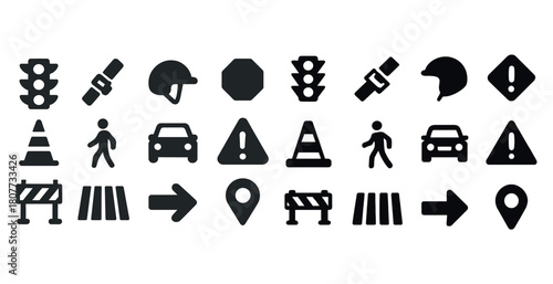 Traffic and road safety icons collection featuring signs and symbols