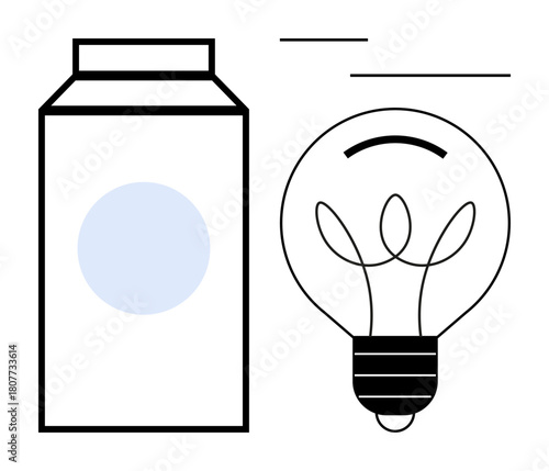 Milk carton beside lightbulb, merging daily life and innovation. Ideal for sustainability, eco-ideas, renewable energy, recycling, minimalist design, creative thinking, simple flat metaphor