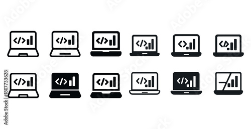 Set of laptop icons with coding and graph symbols