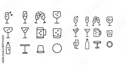 Minimalist black outline icons of various drinkware