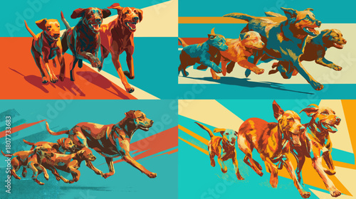 Energetic illustration of running dogs in a bold colorful artistic style. Dynamic motion and vivid tones create an exciting and lively scene full of action and energy.