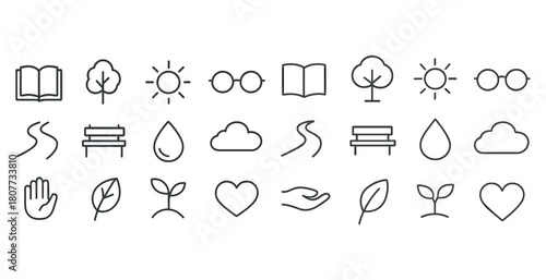 Minimalist nature and wellness icons set including tree, sun, and heart designs