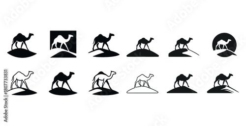 Silhouette camel icons: diverse camel designs on desert backgrounds