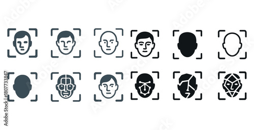 Facial recognition icons: human and robotic faces in focusing frames