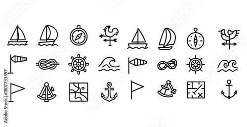 Nautical icon set: boats, anchors, compasses, waves, flags, knots
