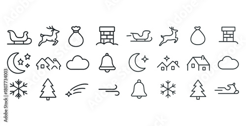 Festive christmas icon set featuring sleigh bells reindeer and snowflakes