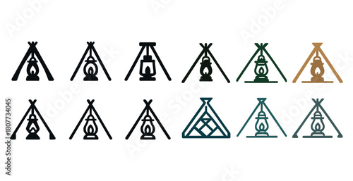 Collection of camping lantern icons with tripod structures in various colors