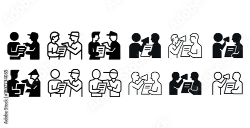 Black and white icons of people communicating and collaborating