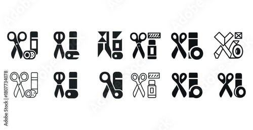 Collection of black and white scissors and tape icons in various styles