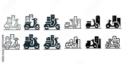 Set of scooter icons featuring urban cityscapes