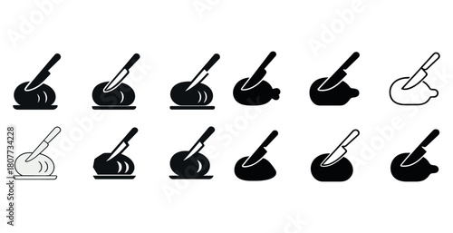 Knife and cutting board icons set in black and white silhouettes