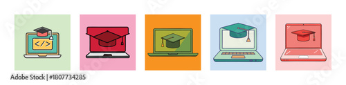 Online Education Laptop with Graduation Cap and Code Screen Digital Learning Webinar Vector Icon Set