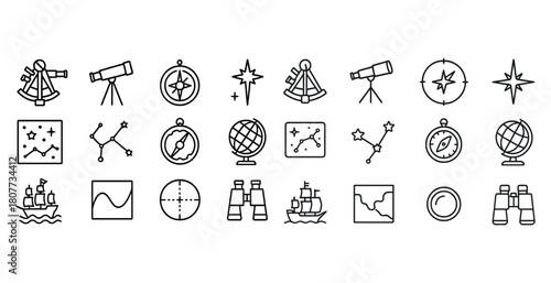 Nautical and astronomical icons set: telescopes, sextants, compasses, constellations, globes