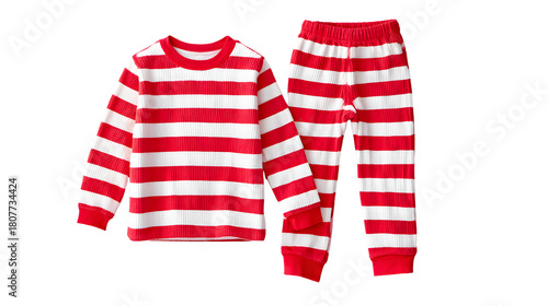 Full-length red and white striped Christmas pajama set displayed flat, plush soft cotton with long sleeves and ribbed cuffs, oversized cozy holiday sleepwear, top-down still-life on transparent backgr