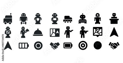 Collection of robot and technology icons: navigation, battery, maps, and communication