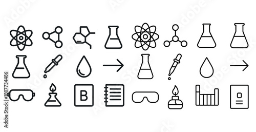 Laboratory science icons set illustrating equipment and chemical reactions