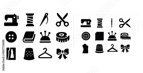 Sewing icon set: scissors, thread, needles, thimble, sewing machine, tape measure, patterns