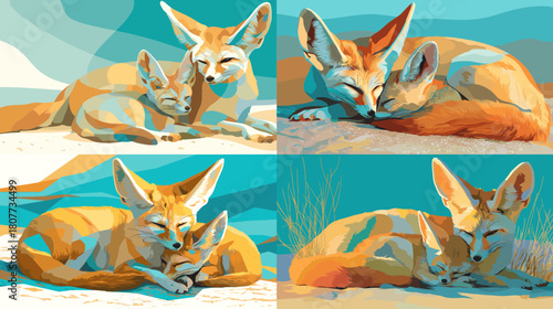 Vibrant illustration of fennec foxes resting in a warm desert setting. Bright turquoise and sand tones highlight their large ears and gentle expressions in a stylized artistic design.