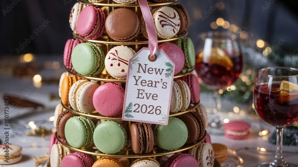 Naklejka premium Festive macaron display with New Year's Eve 2026 tag and sangria drinks