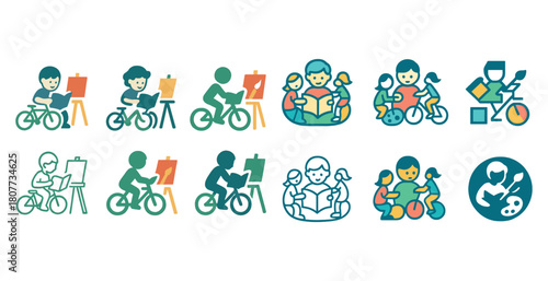 Colorful icons of children engaged in art, reading, and bicycling activities