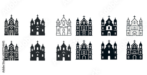 Set of black and white church icons featuring various architectural designs