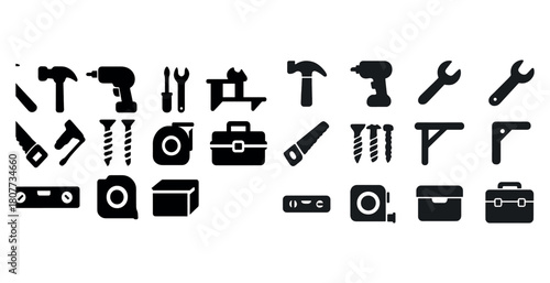 Silhouette icons of hand and power tools for construction and diy projects