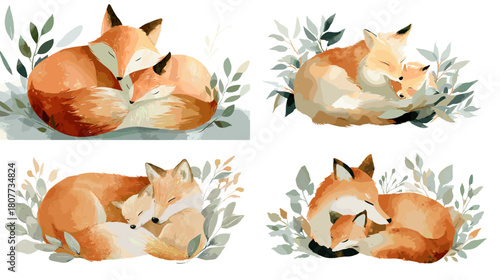 Soft watercolor illustration of two foxes cuddling peacefully among delicate leaves. Gentle earthy colors create a warm and tender nature scene full of calm and affection.