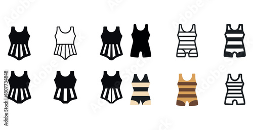 Vintage swimsuit outline and filled icons set in black and striped patterns