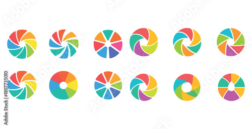 Colorful abstract spiral icons in circular geometric patterns