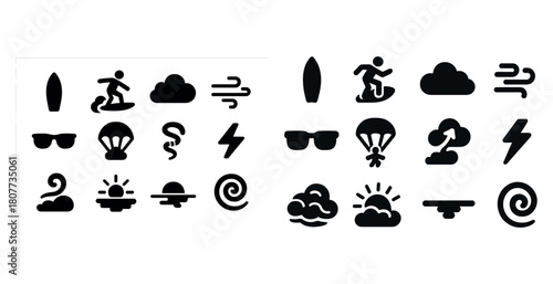 Surfing and adventure icons collection featuring clouds and sunshine elements