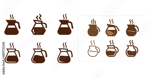 Brown coffee pot icons with steam in minimalist style