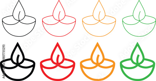 Set of traditional Indian religious oil lamp icons, known as diyas, in various line art styles, symbolizing culture, spirituality, and celebration of festivals