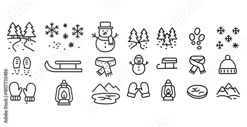 Winter icon set: snowflakes, snowmen, trees, mittens, and mountains in black and white