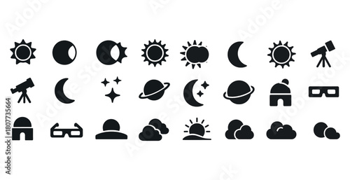 Astronomy icons: sun, moon, telescope, stars, planet