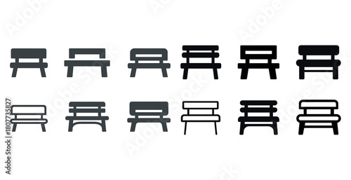 Set of twelve park bench silhouettes in various styles and shades