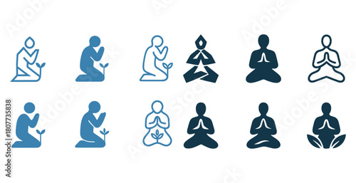 Silhouettes of meditation and prayer symbols in various poses