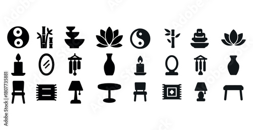 Black icon set: home decor and zen elements for tranquil spaces