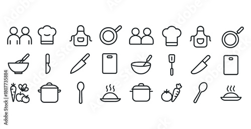 Minimalist kitchen utensils icons including chefs, spoons, and vegetables