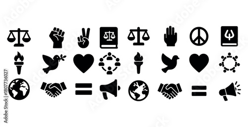 Black political and social justice icons set with scales, fist, dove, heart, earth
