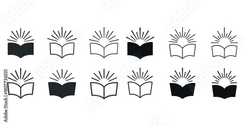 Open book icons with radiating lines in various styles and formats